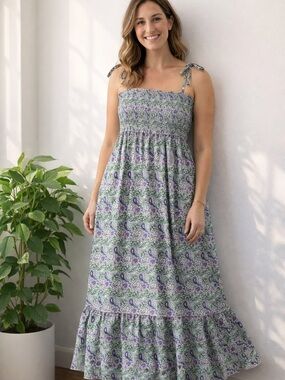 Boho Floral Smocked Maxi Dress Flowy Tiered Cottagecore Summer Sundress